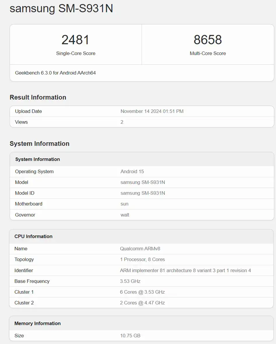 Samsung Galaxy S25 geekbench