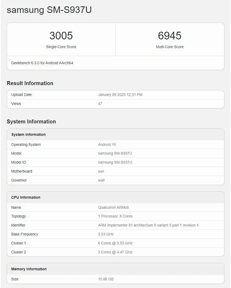 samsung s25 slim on geekbench